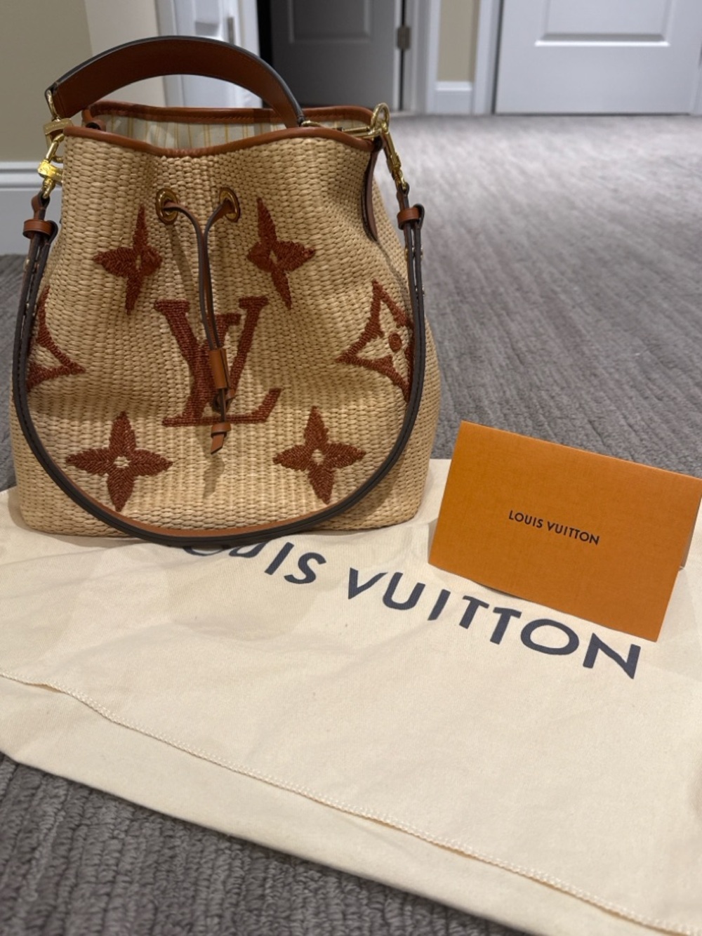 Louis Vuitton Beige Raffia Monogram Drawstring Hobo with Brown Trim NEONOE